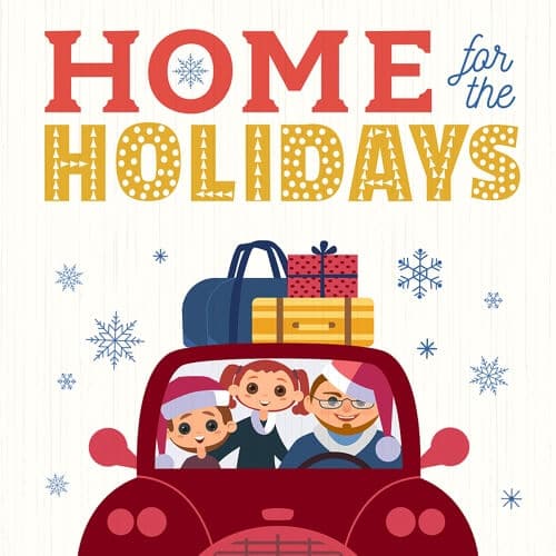 Collinsville Auto: Tips for safe driving home for the holidays with cartoon family pictured driving in a red car with luggage attached to the roof of car