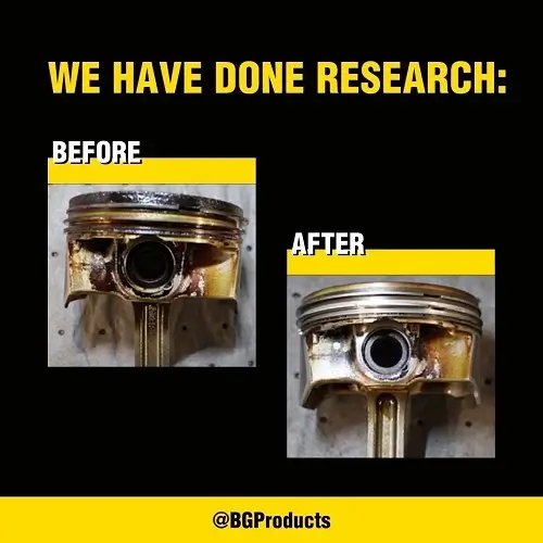 Improve Your Gas Mileage with BG Engine Performance Restoration | Collinsville Auto Repair in Canton, CT. Image of an engine component before and after applying BG Engine Performance Restoration. 