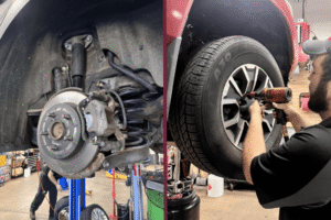 Brake and tire inspection in Canton, CT by Collinsville Auto Repair. Image showing brake rotor, caliper, and suspension components alongside a technician installing a wheel, highlighting thorough inspections and dependable repair for safe, smooth driving.